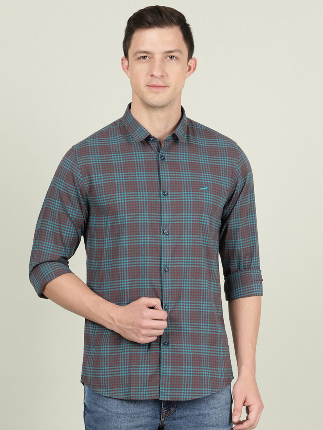 

Crocodile Men Sea Green & Maroon Checked Cotton Casual Shirt