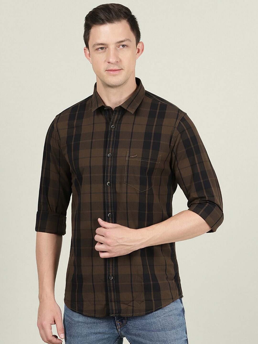 

Crocodile Men Olive Green & Black Checked Cotton Casual Shirt