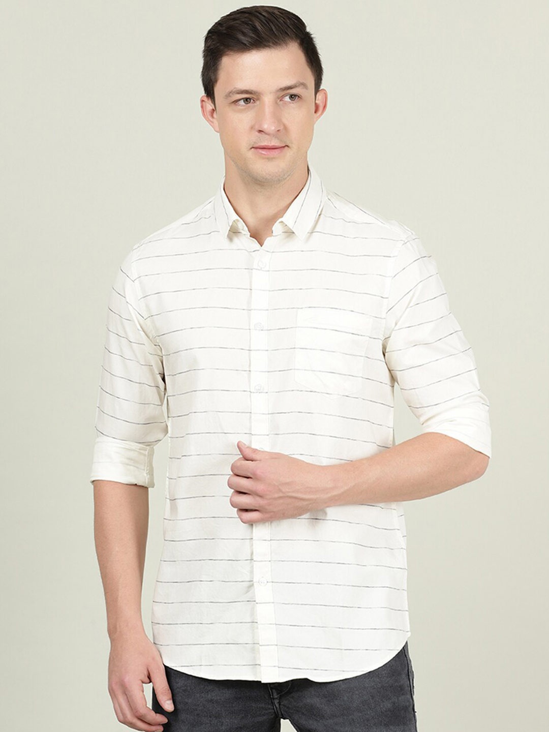

Crocodile Men Off White & Grey Horizontal Striped Cotton Casual Shirt