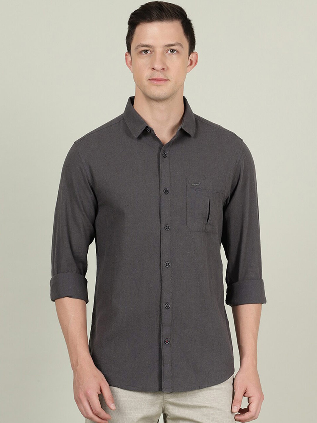 

Crocodile Men Charcoal Solid Cotton Casual Shirt