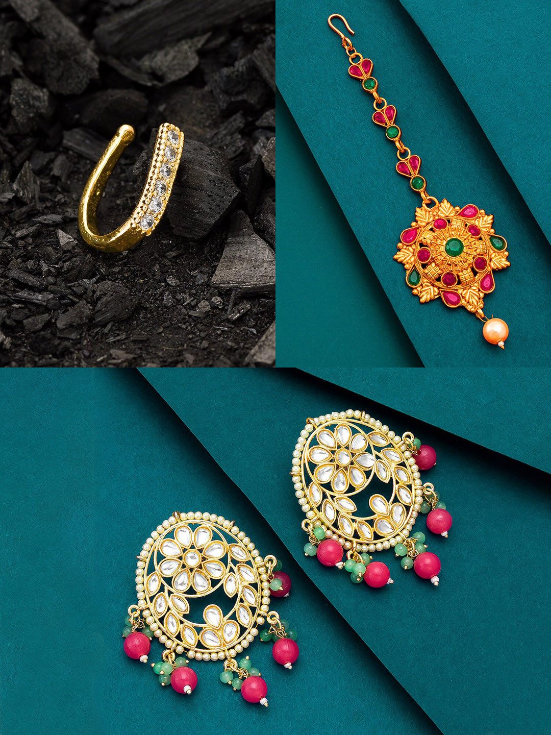 

aadita Women Gold-Plated Red & White Stone Studded Jewellery Set