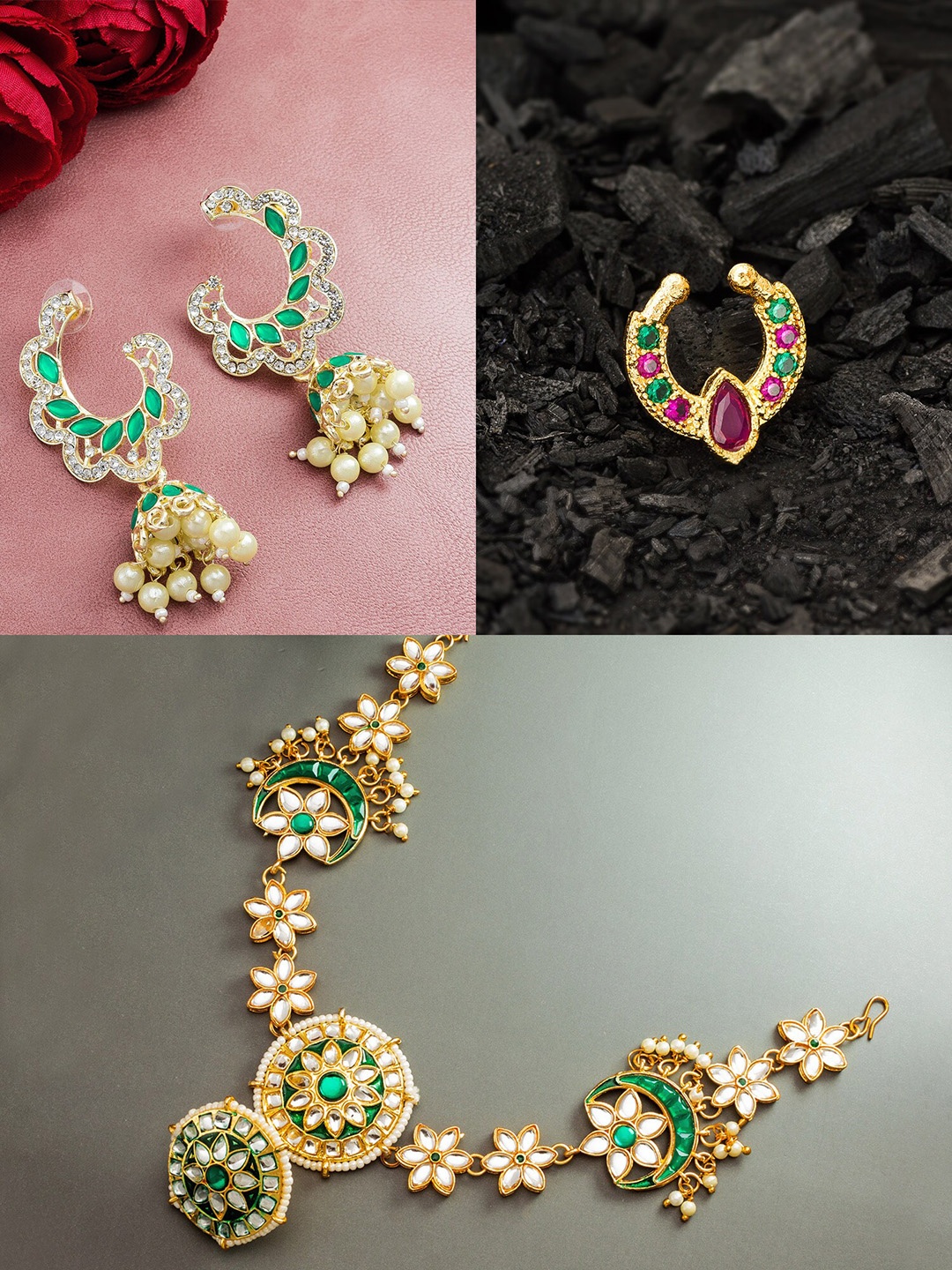 

aadita Women Gold-Plated Pink & Green Stones Studded Jewellery Set