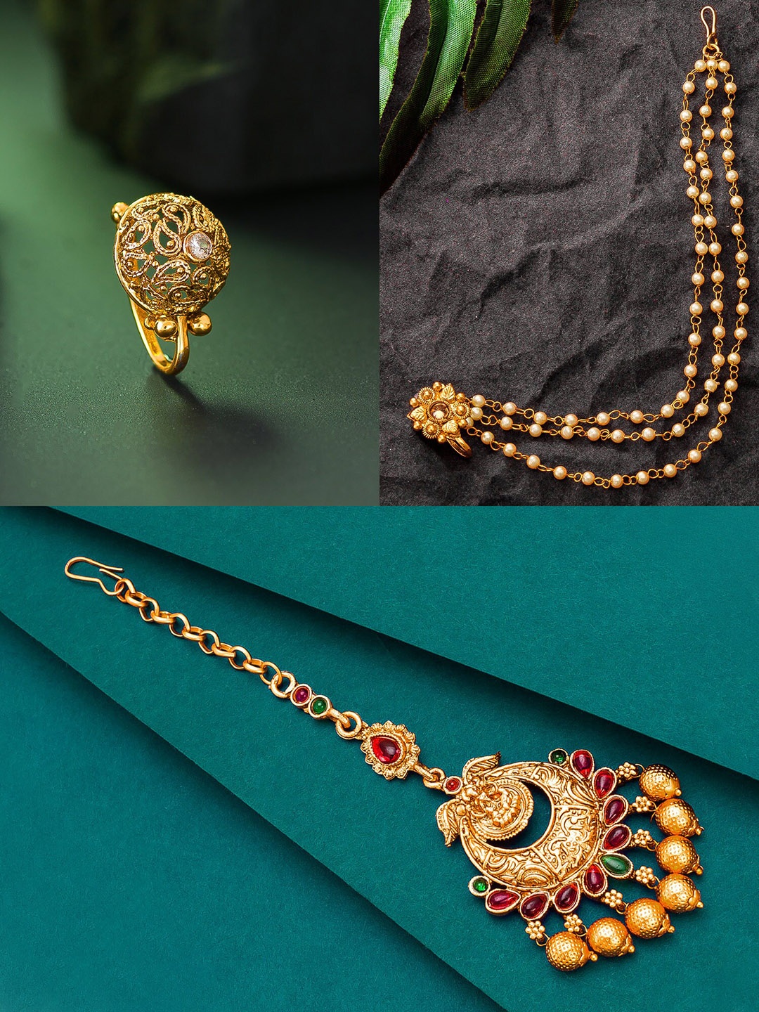 

aadita Women Gold-Plated & Stone Studded Maang Tikka & Nose-pin Set