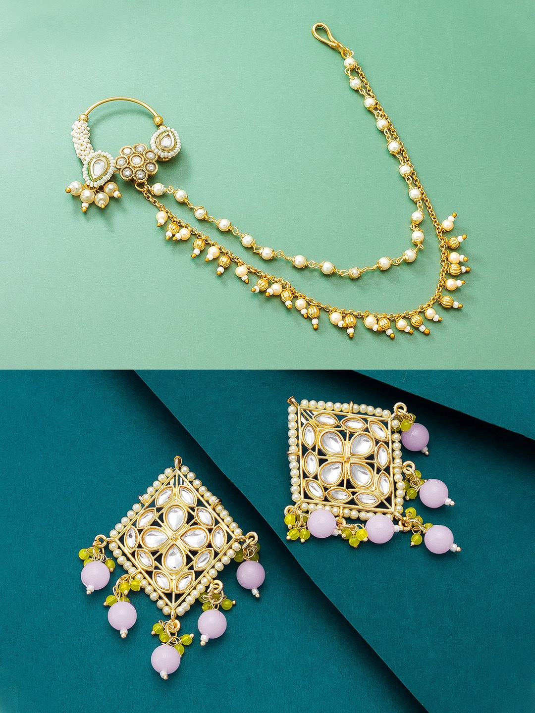 

aadita Women Gold-Plated & Stone-Studded Earrings & Nose-pin Jewellery Set, White