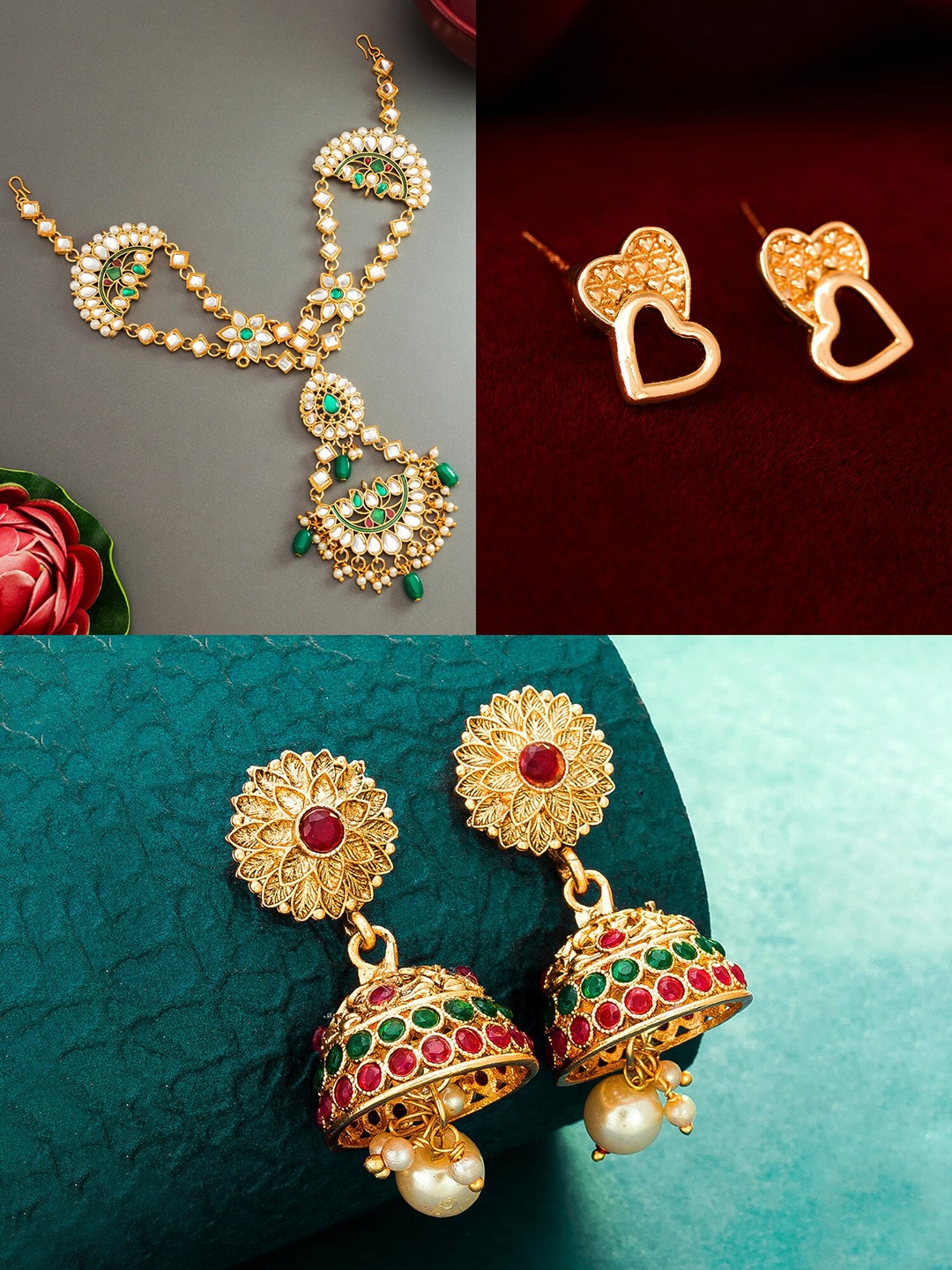 

aadita Women Gold-Plated Red & White Stone Studded Jewellery Set