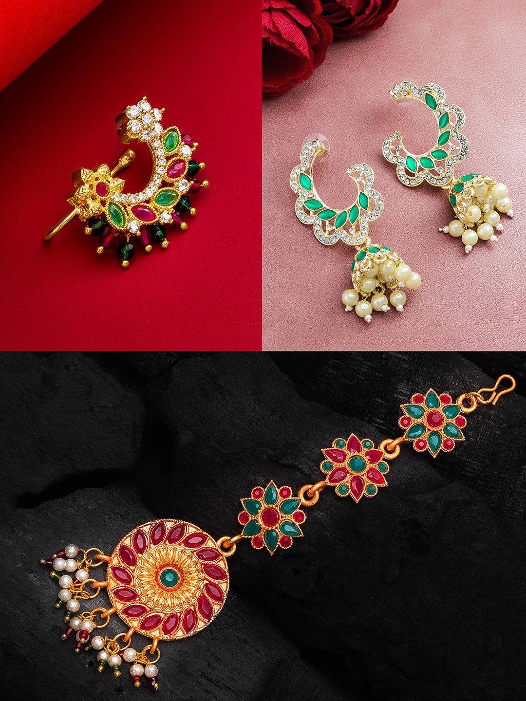 

aadita Women Gold-Plated Red & Green Stone Studded Jewellery Set