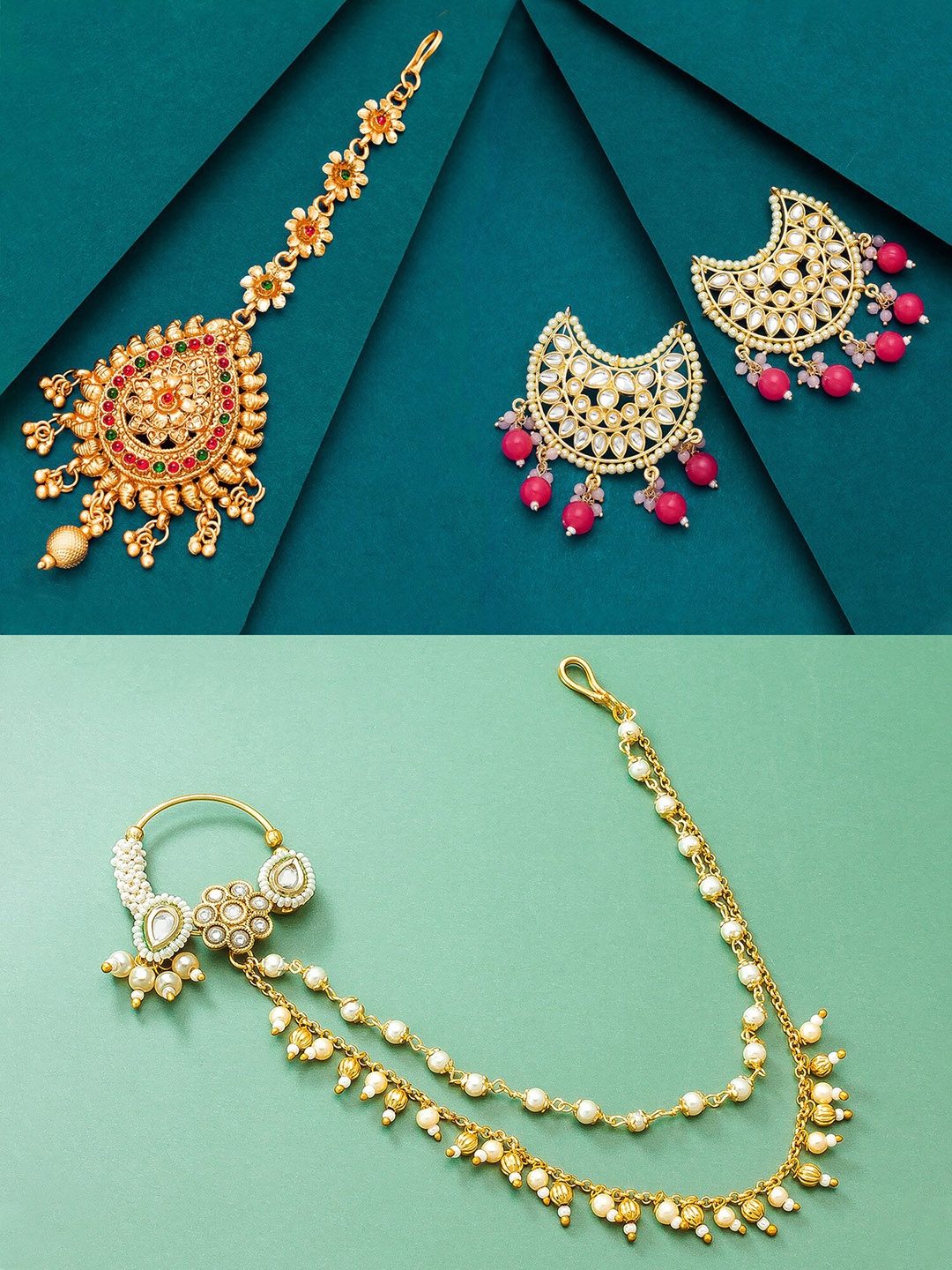 

aadita Women Gold-Plated White & Pink Stone Studded Jewellery Set