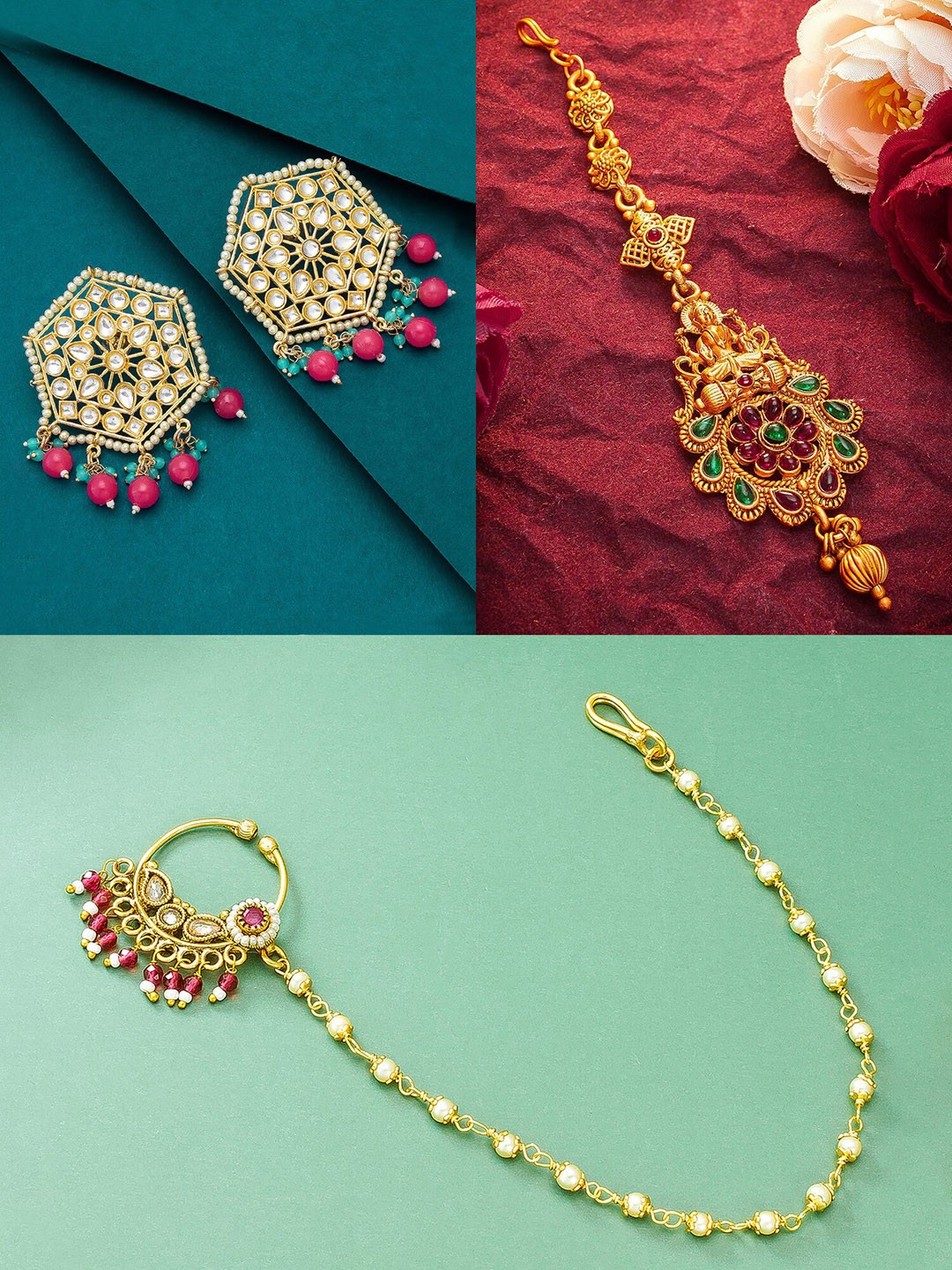 

aadita Women Gold-Plated White & Red Stone Studded Jewellery Set