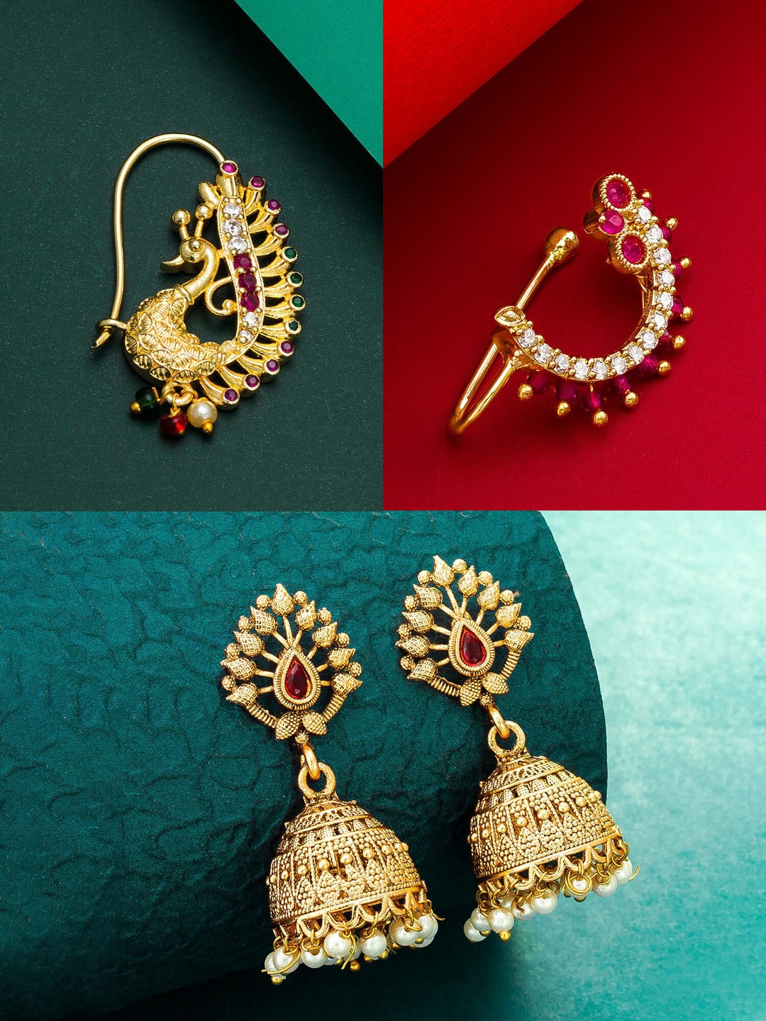 

aadita Women Gold-Plated White & Red Stone Studded Jewellery Set