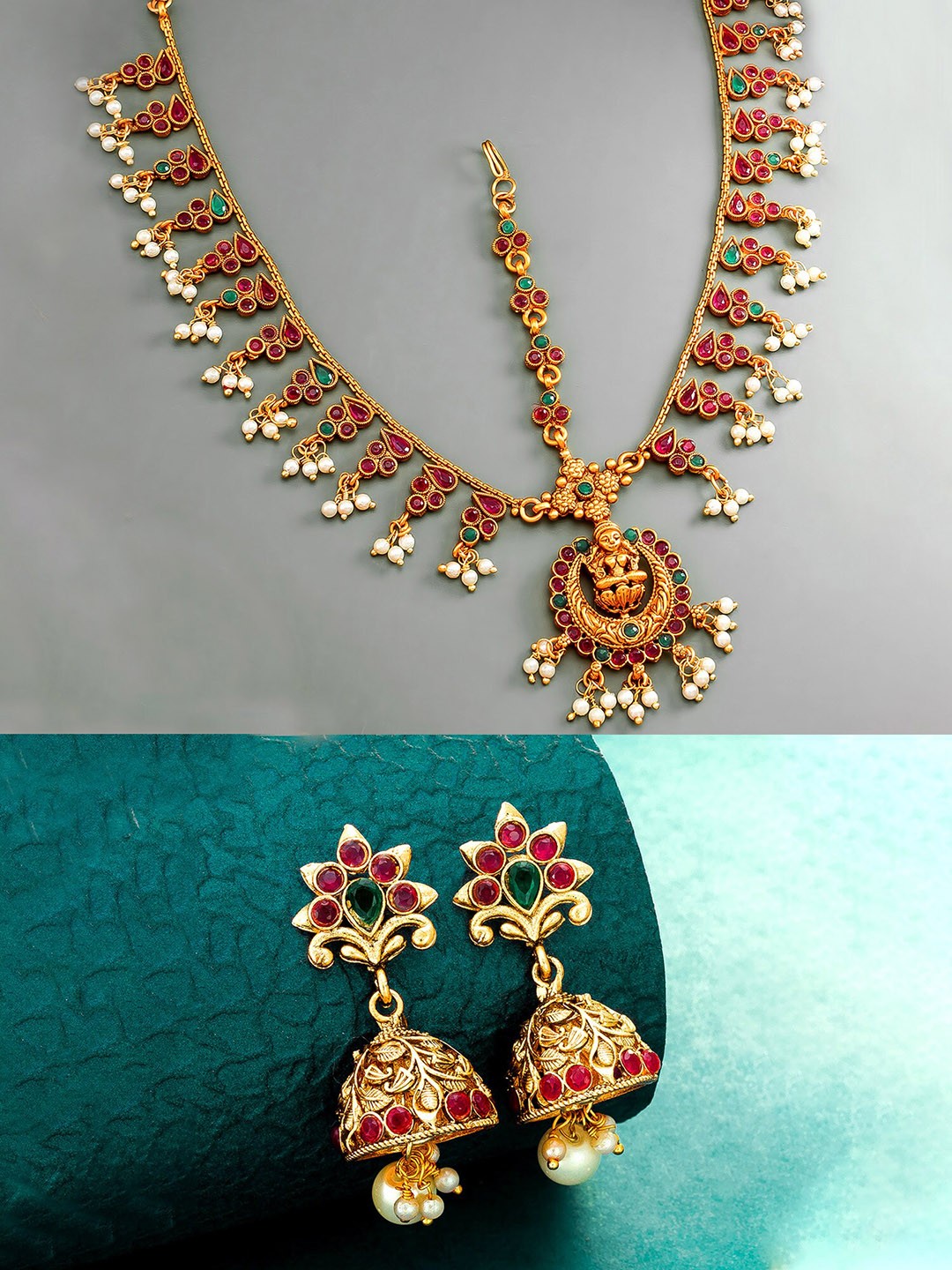 

aadita Women Gold-Plated White & Red Stone Studded Jewellery Set