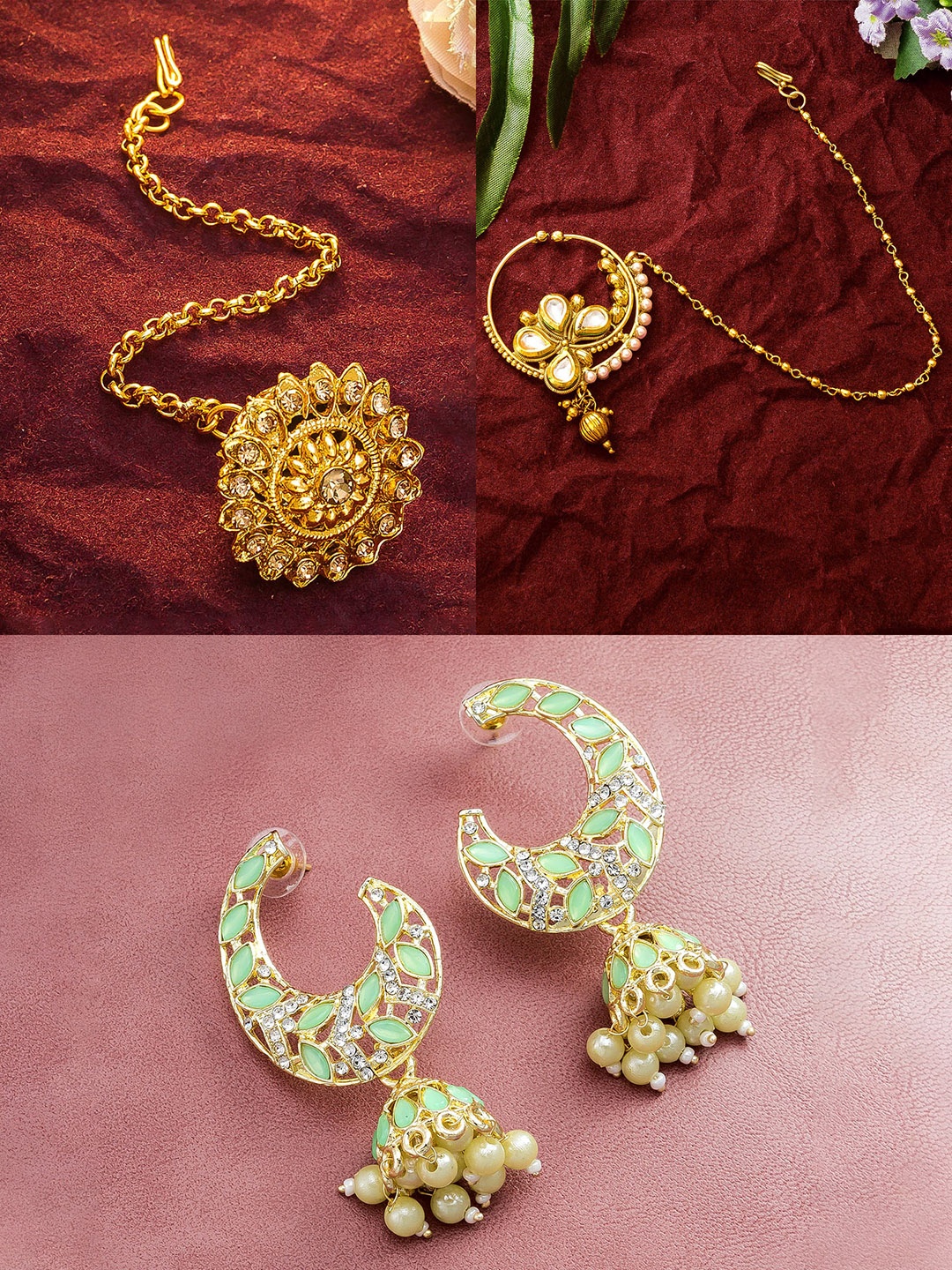 

aadita Women Gold-Plated Green & White Stone Studded Jewellery Set