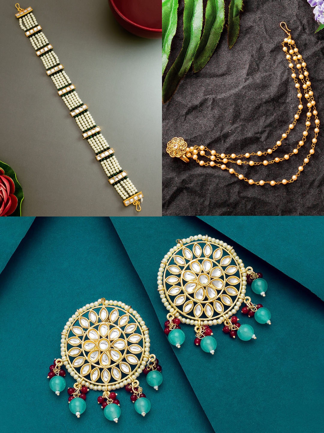 

aadita Women Gold-Plated White & Green Stone Studded Jewellery Set