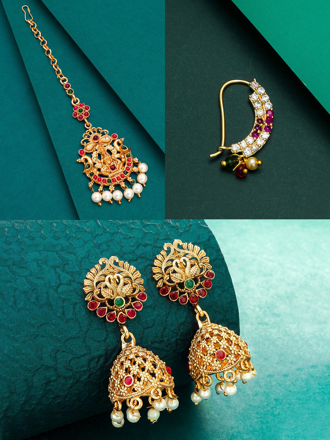 

aadita Women Gold-Plated Red & Green Stone Studded Jewellery Set