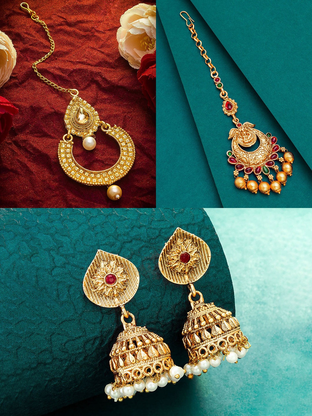 

aadita Women Gold-Plated Red & Green Stone Studded Jewellery Set