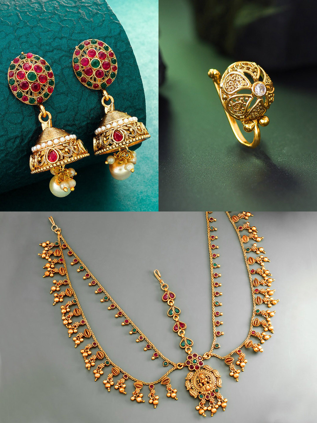 

aadita Women Gold-Plated Red & Green Stone Studded Jewellery Set