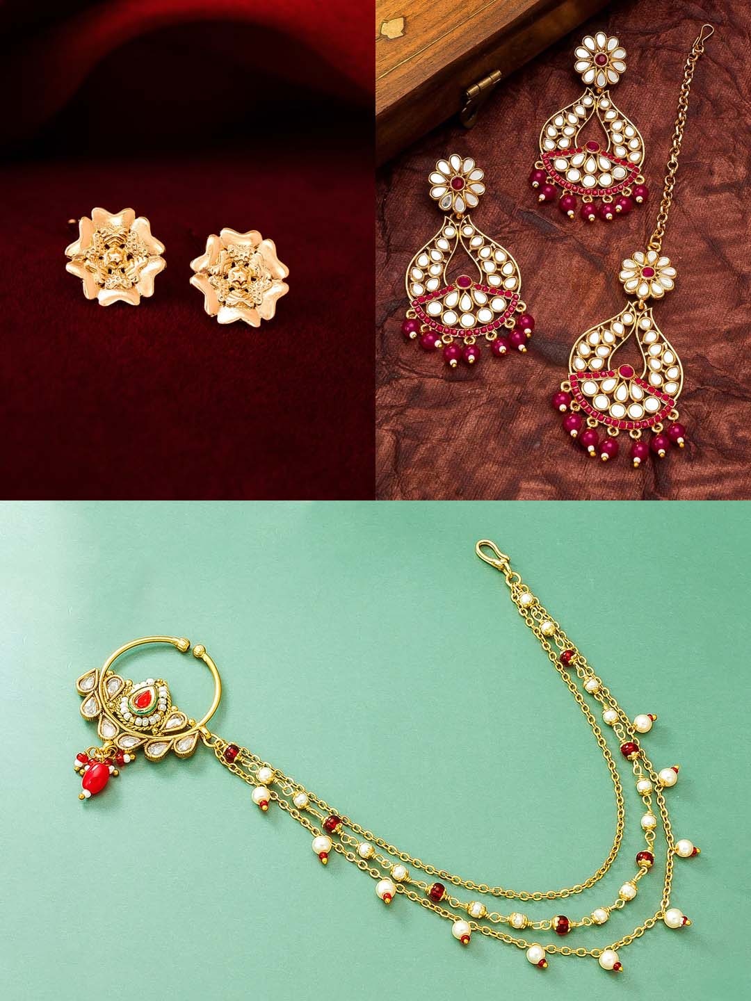 

aadita Women Gold-Plated White & Maroon Stone Studded Jewellery Set