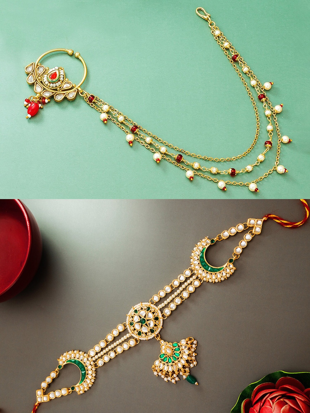 

aadita Women Gold-Plated Red & Green Stone Studded Jewellery Set