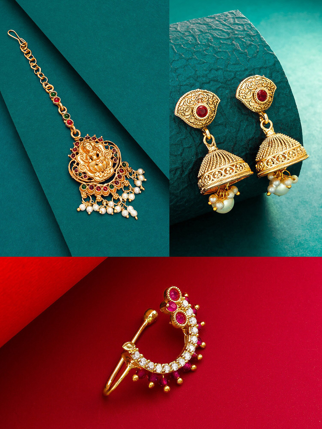 

aadita Women Gold-Plated Pink & White Stone Studded Jewellery Set