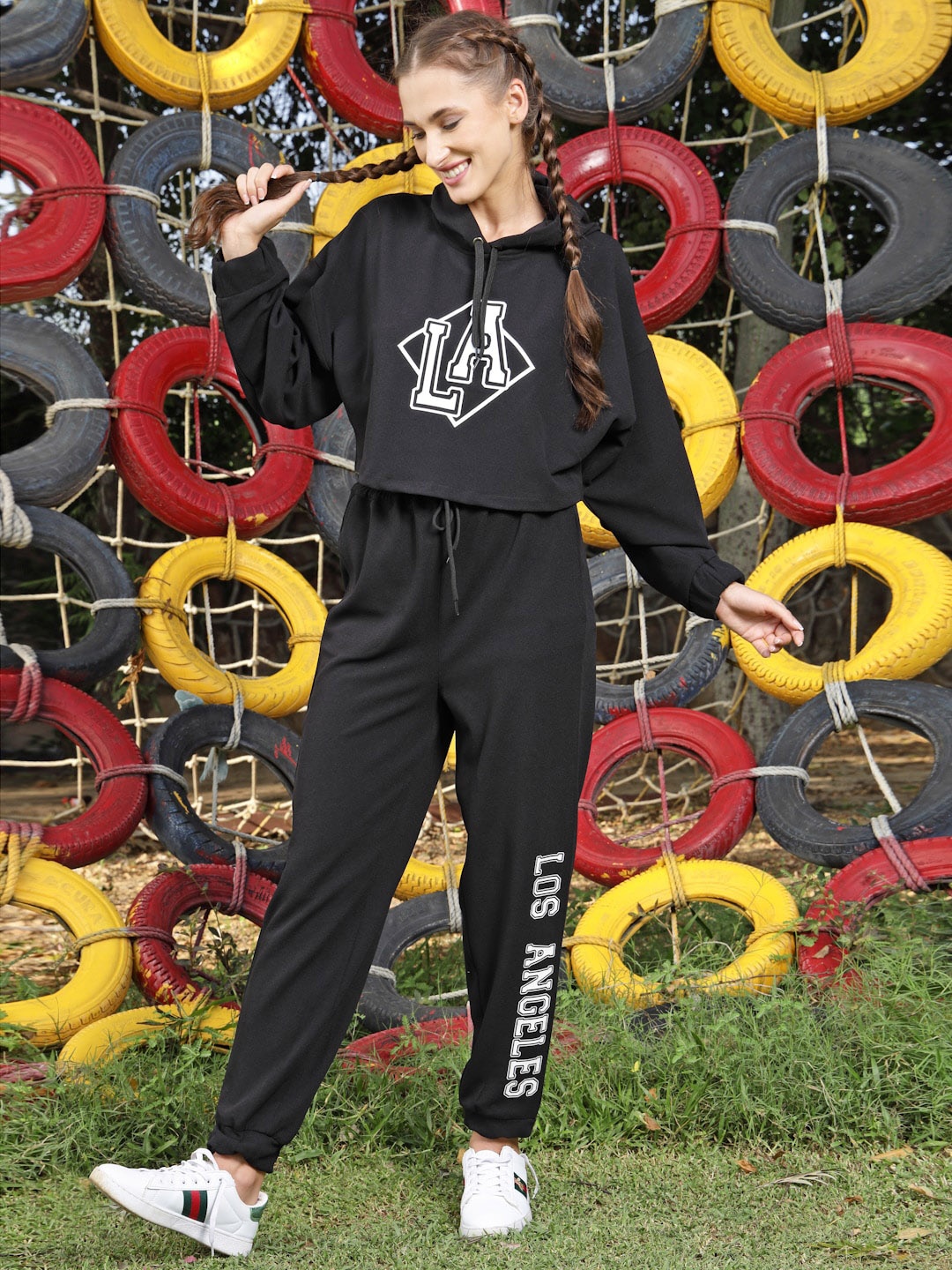 

Sera Women Black Printed Sweatshirt With Joggers Hood Co-Ords