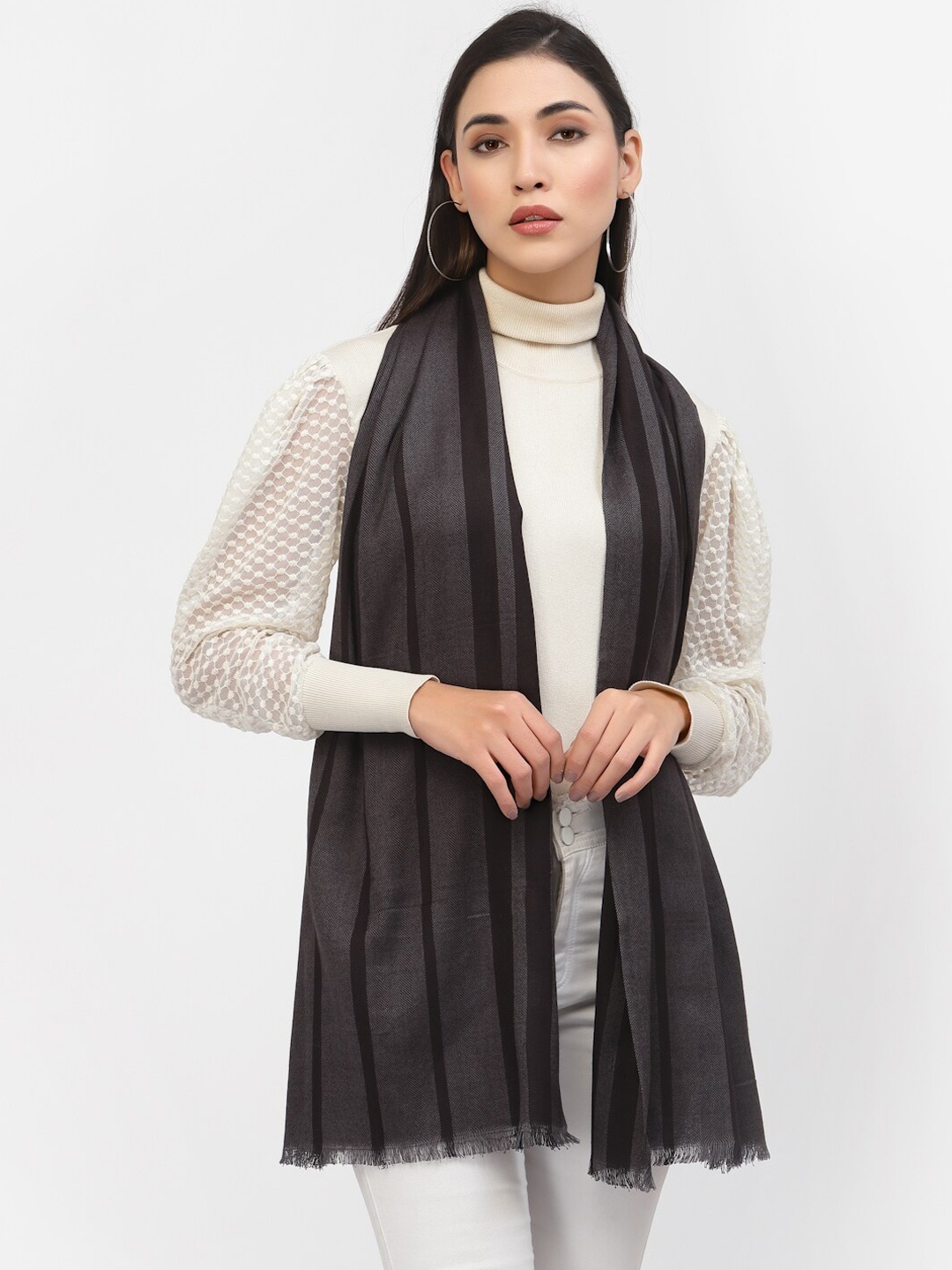 

Calvadoss Women Grey Striped Acrylic Shawl