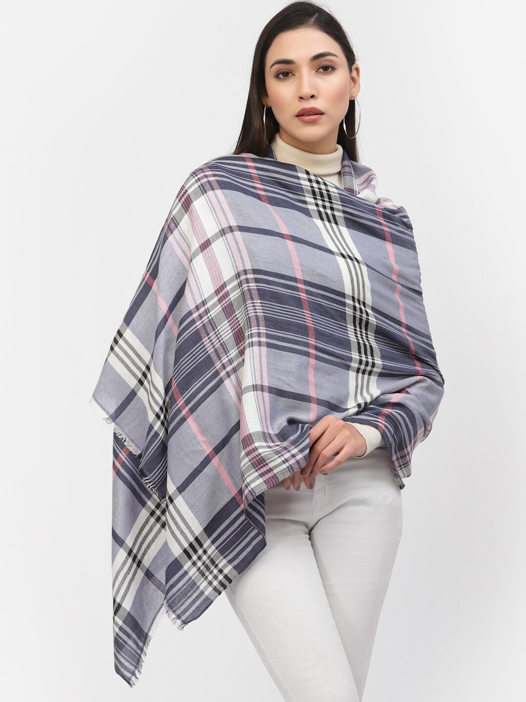 

Calvadoss Scottish Women White & Blue Checkered Woven-Design Acrylic Shawl