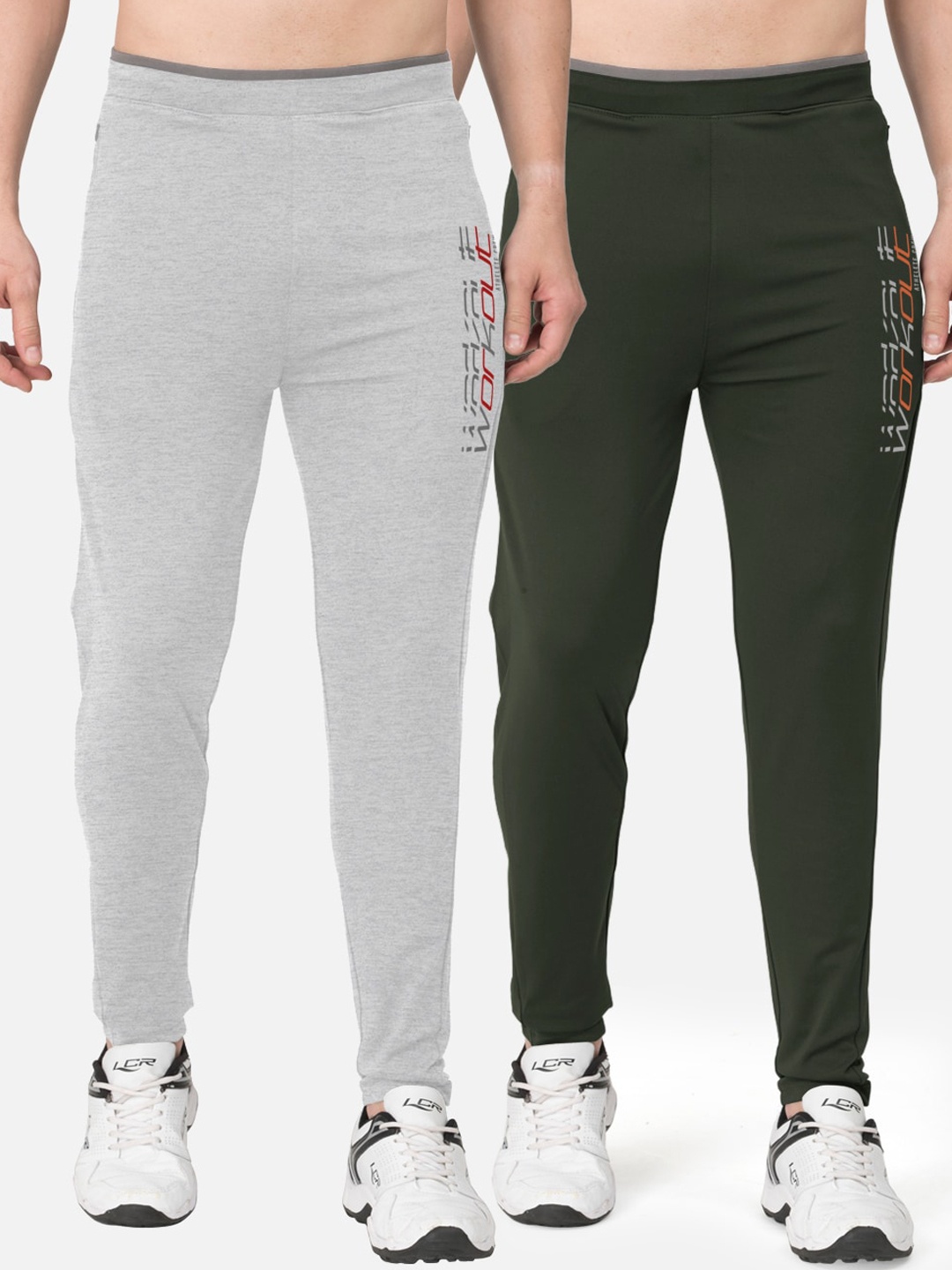 

BULLMER Men Pack of 2 Grey & Olive-Green Printed Active Athleisure Slim-Fit Track Pants
