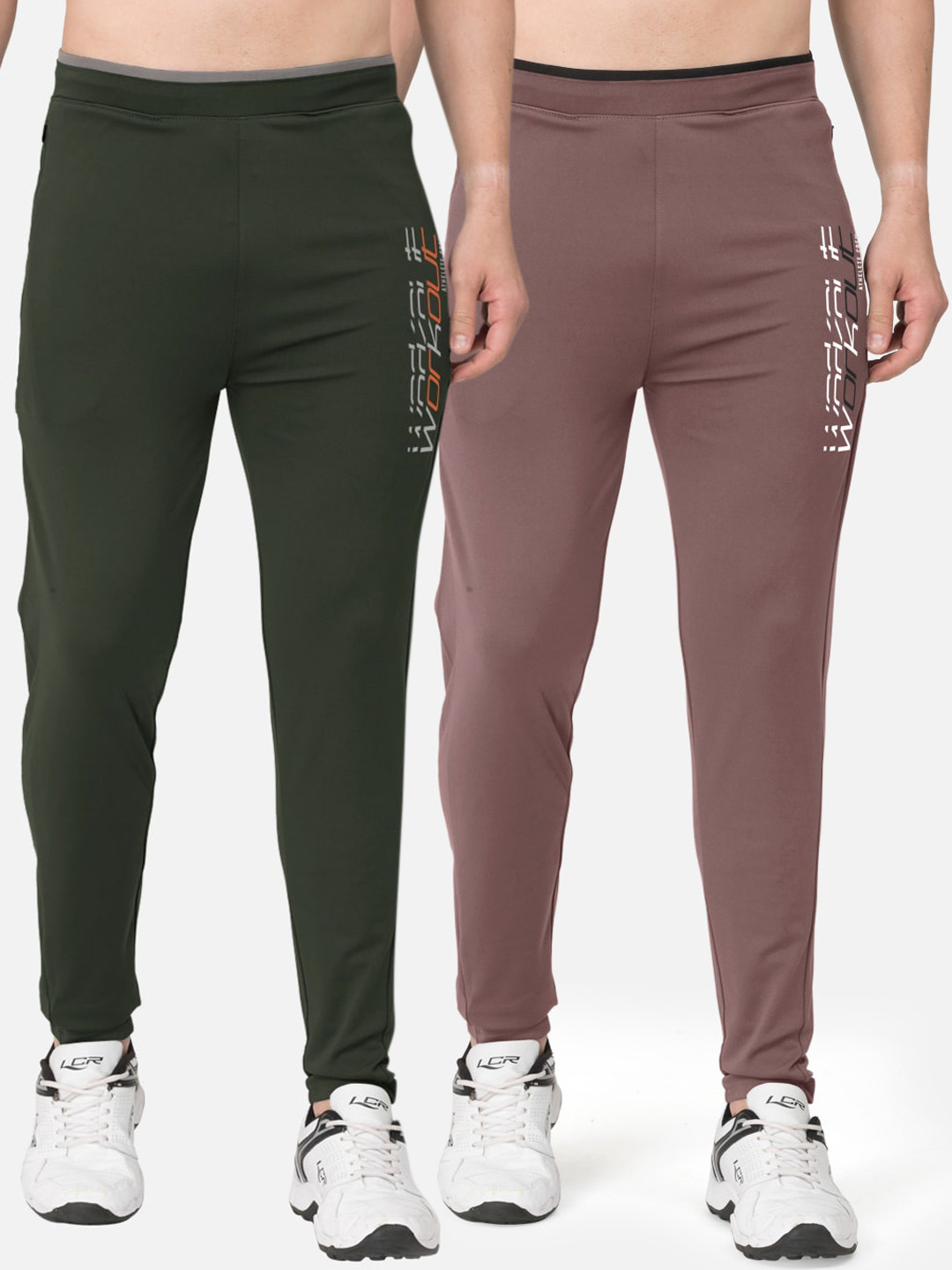 

BULLMER Men Pack of 2 Olive-Green & Taupe-Red Printed Slim-Fit Track Pants