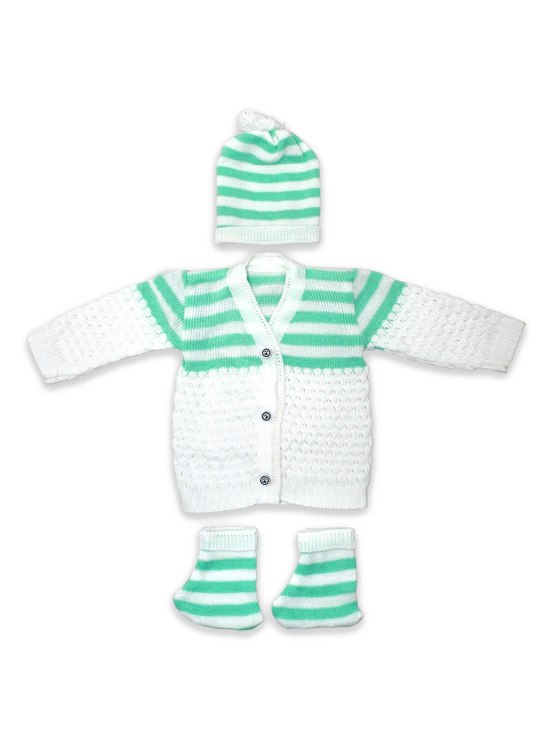 

Born Babies Kids White & Green Striped Sweater with booties and beanie