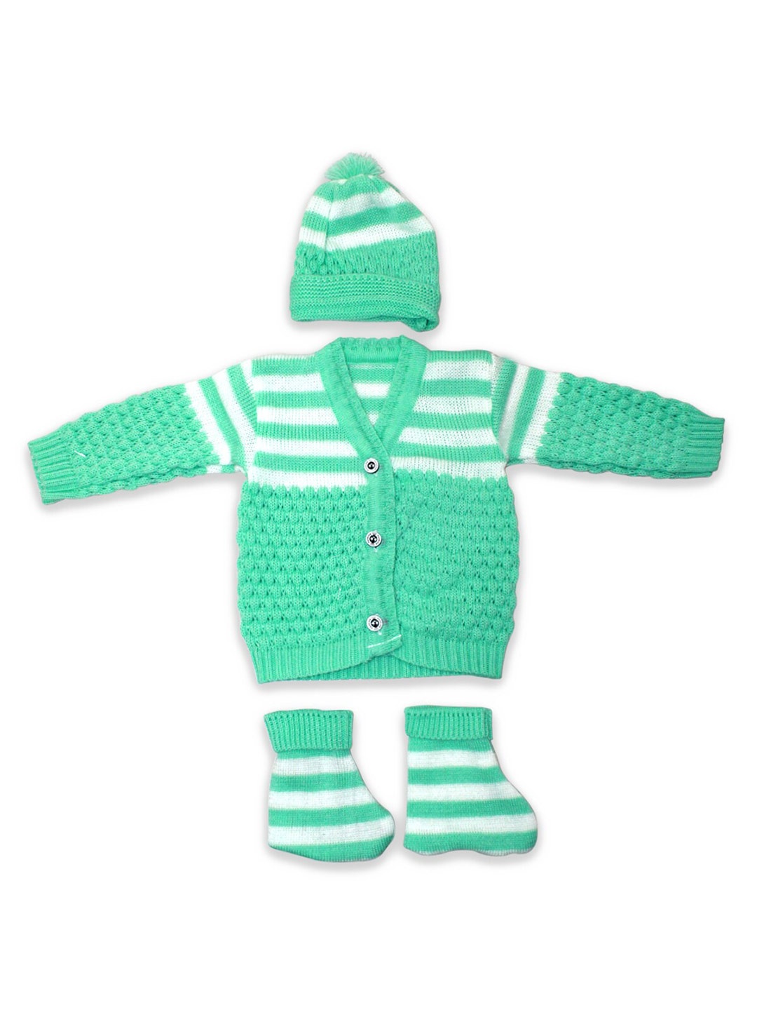 

Born Babies Kids Green & White Striped Sweater with booties and beanie