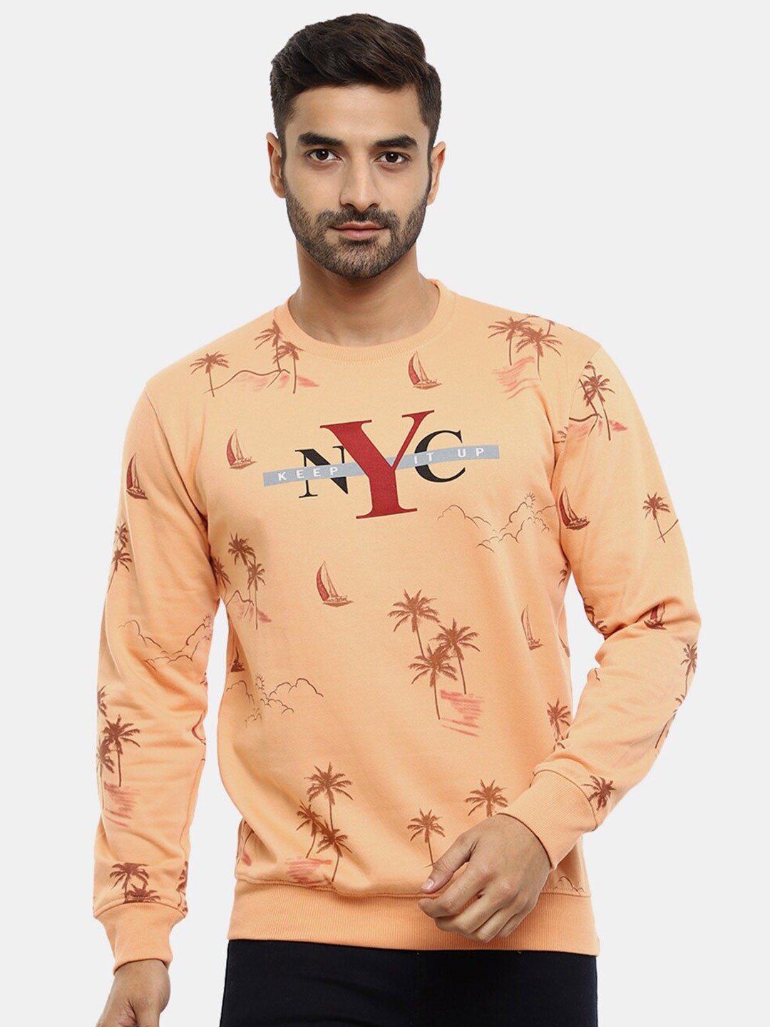 

V-Mart Men Peach-Coloured Printed Fleece Sweatshirt