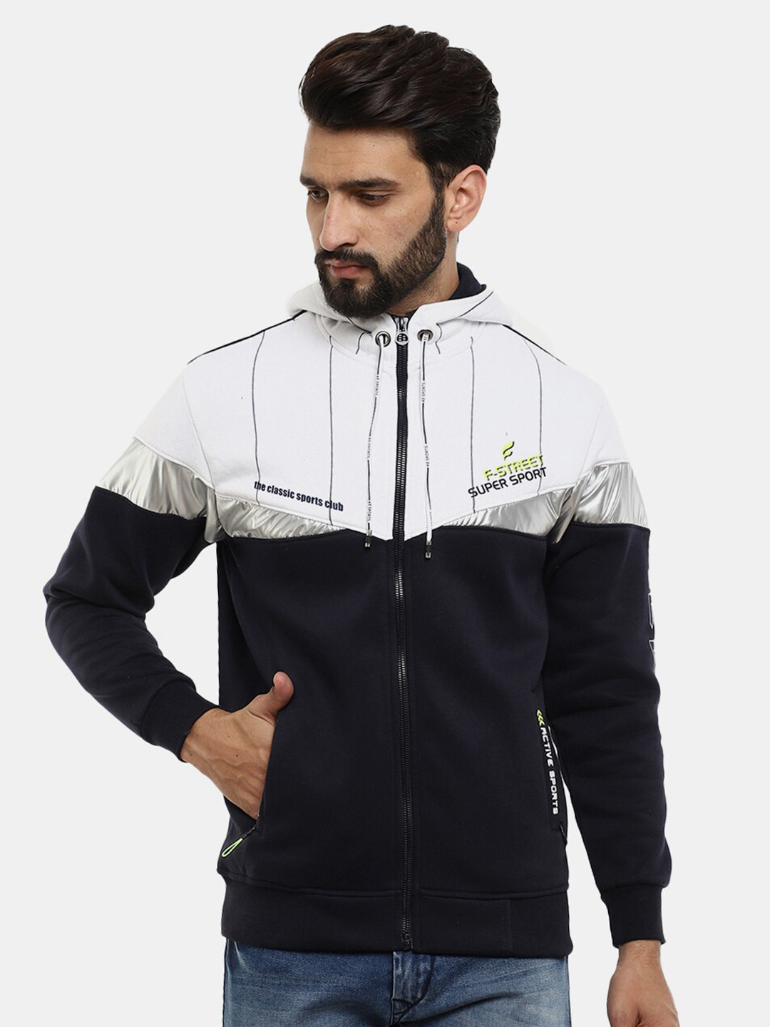 

V-Mart Men Navy Blue Colourblocked Hooded Sweatshirt