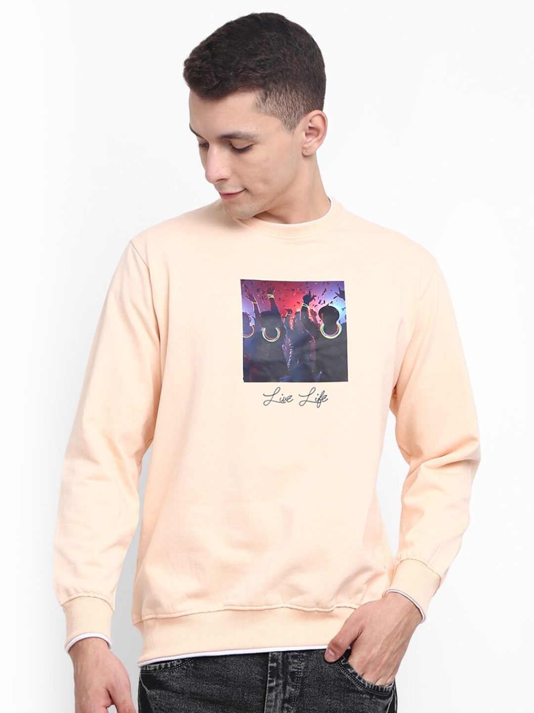 

V-Mart Men Peach-Coloured Printed Cotton Sweatshirt