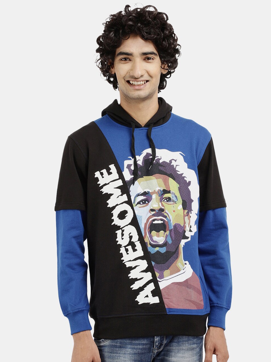 

V-Mart Men Blue Printed Hooded Cotton Sweatshirt