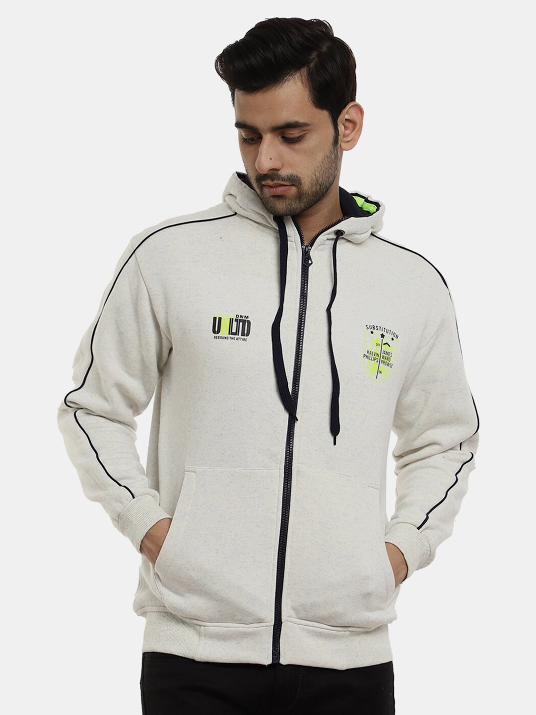 

V-Mart Men Off White Hooded Cotton Sweatshirt