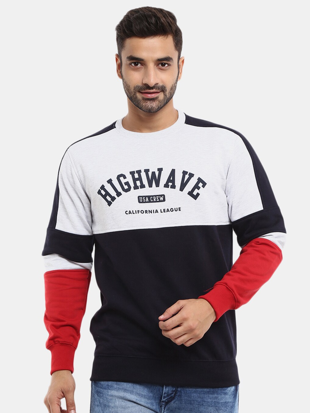 

V-Mart Men Navy Blue Colourblocked Cotton Sweatshirt