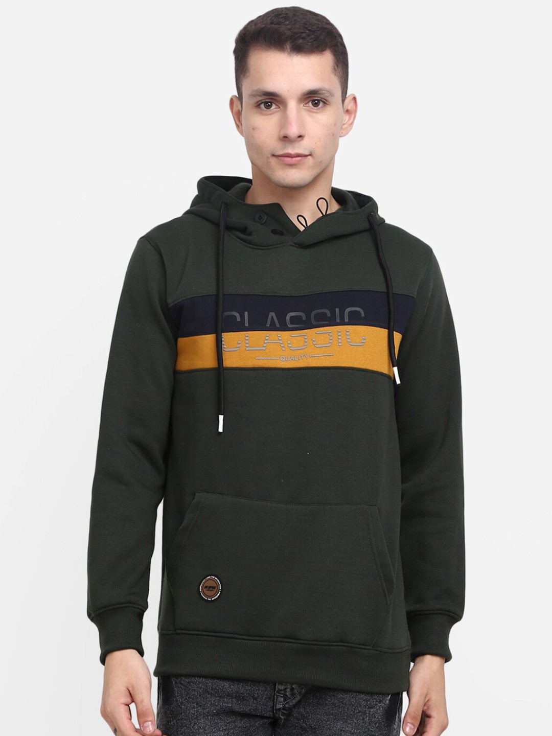 

V-Mart Men Olive Green Colourblocked Hooded Cotton Sweatshirt