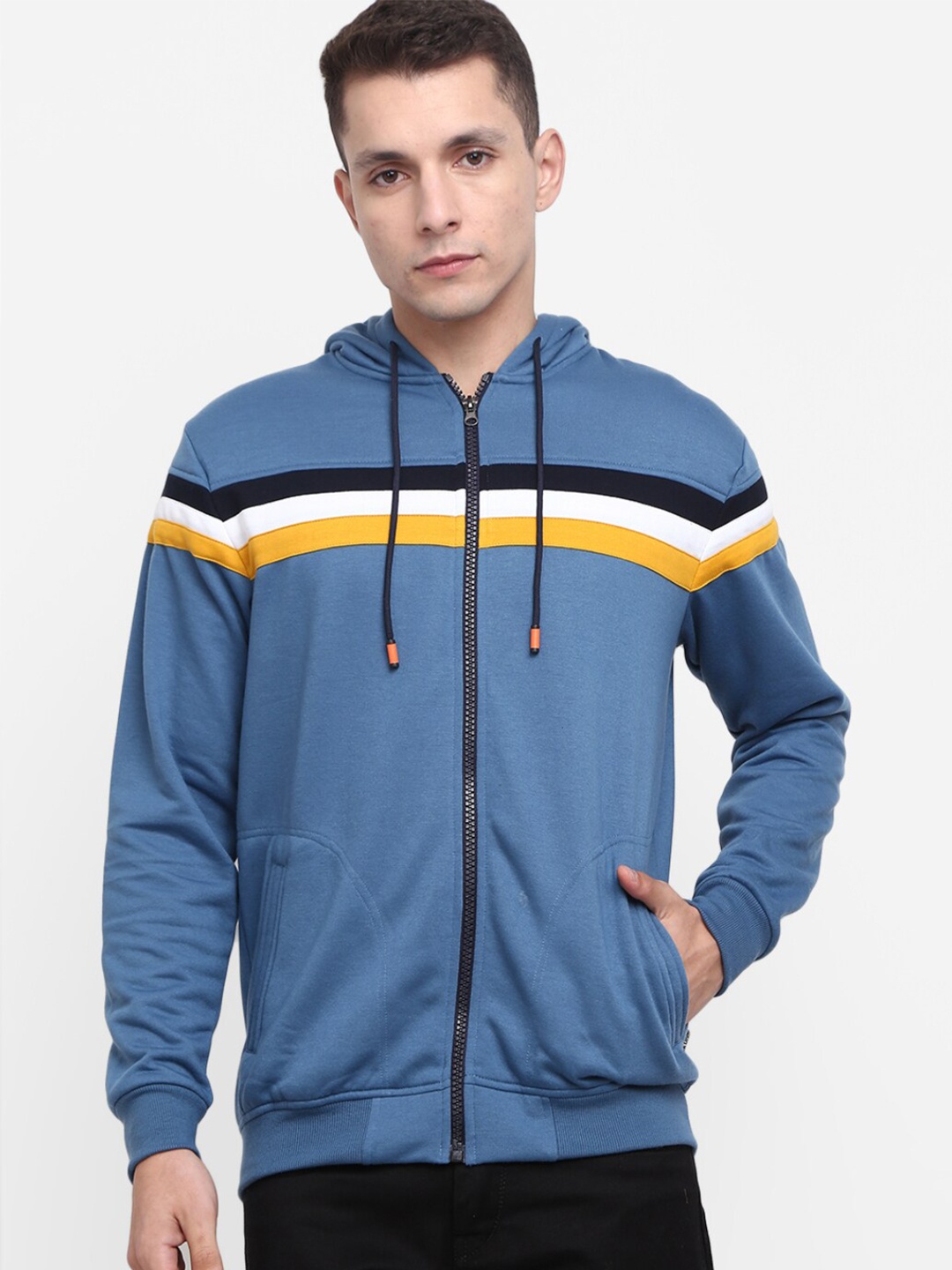 

V-Mart Men Blue Striped Hooded Cotton Sweatshirt