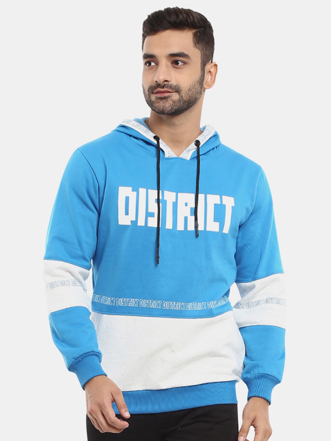 

V-Mart Men Blue Colourblocked Hooded Cotton Sweatshirt