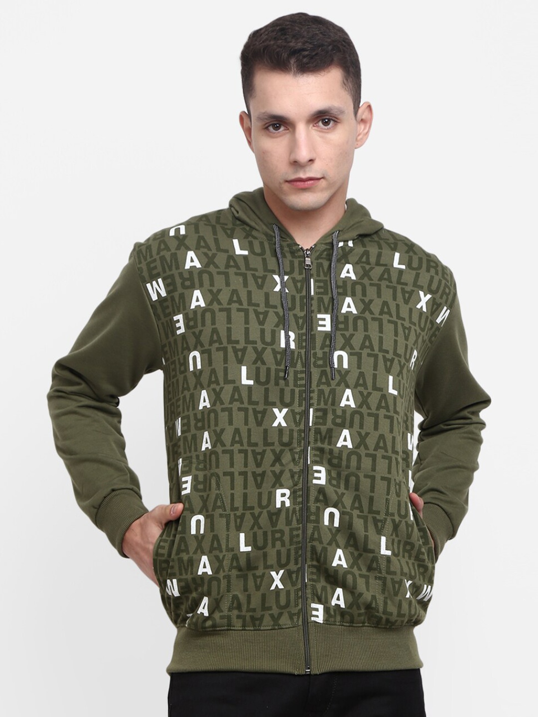 

V-Mart Men Olive Green Printed Hooded Cotton Sweatshirt