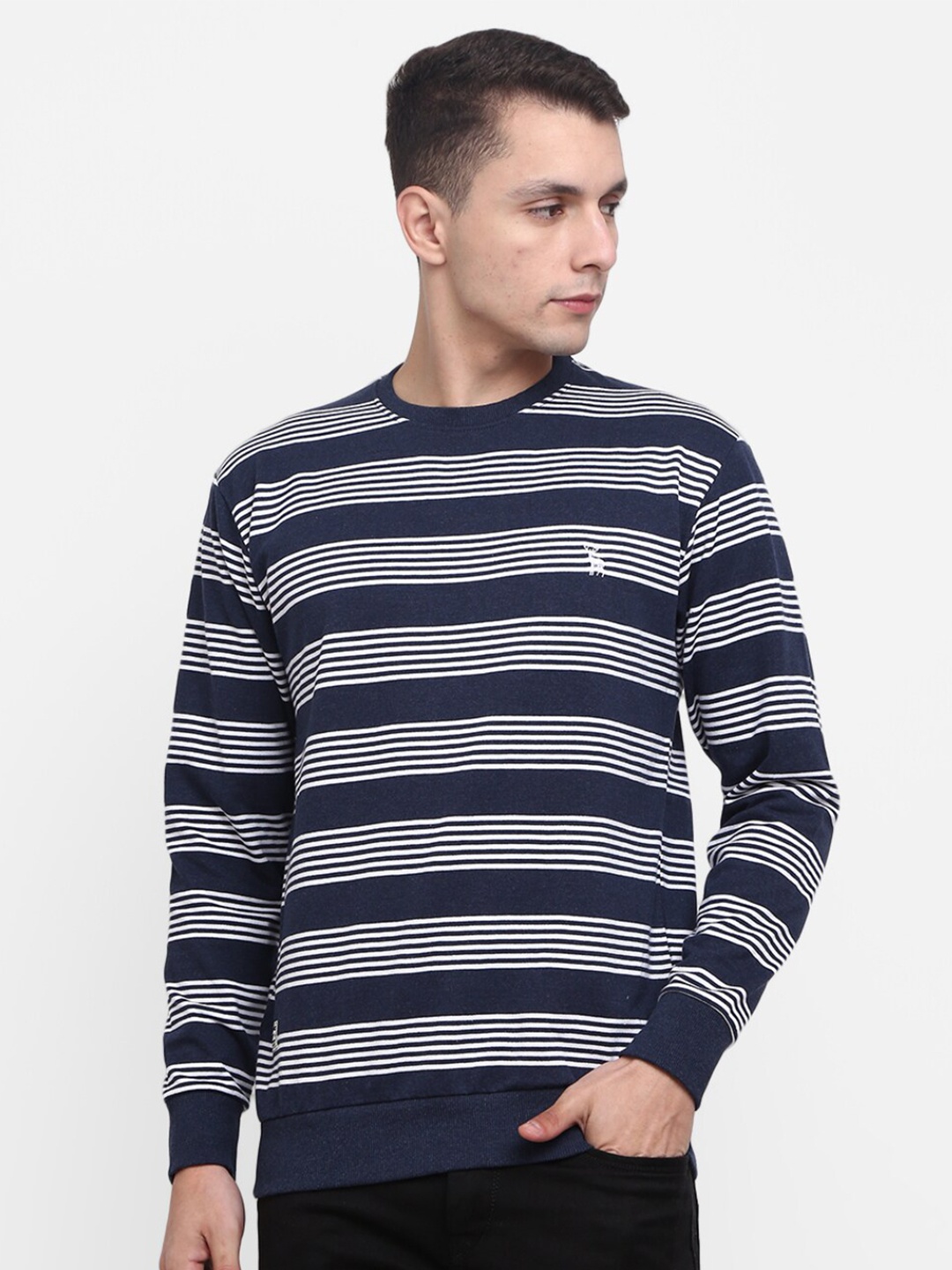 

V-Mart Men Navy Blue Striped Cotton Sweatshirt