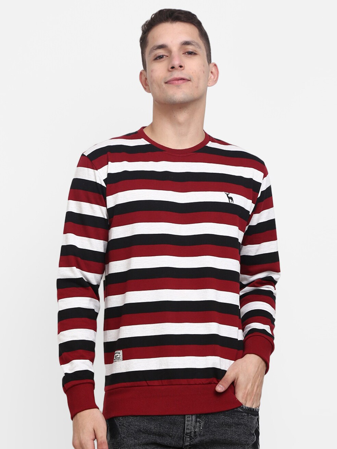 

V-Mart Men Red Striped Cotton Sweatshirt