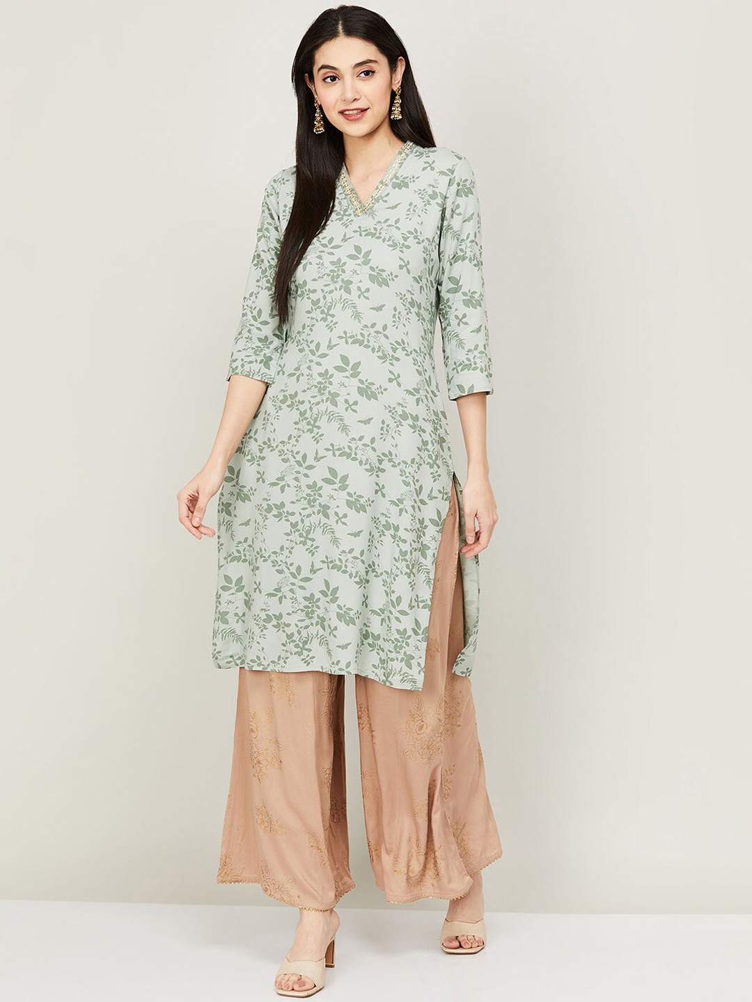 

Melange by Lifestyle Green Ethnic Motifs Printed Thread Work Kurta
