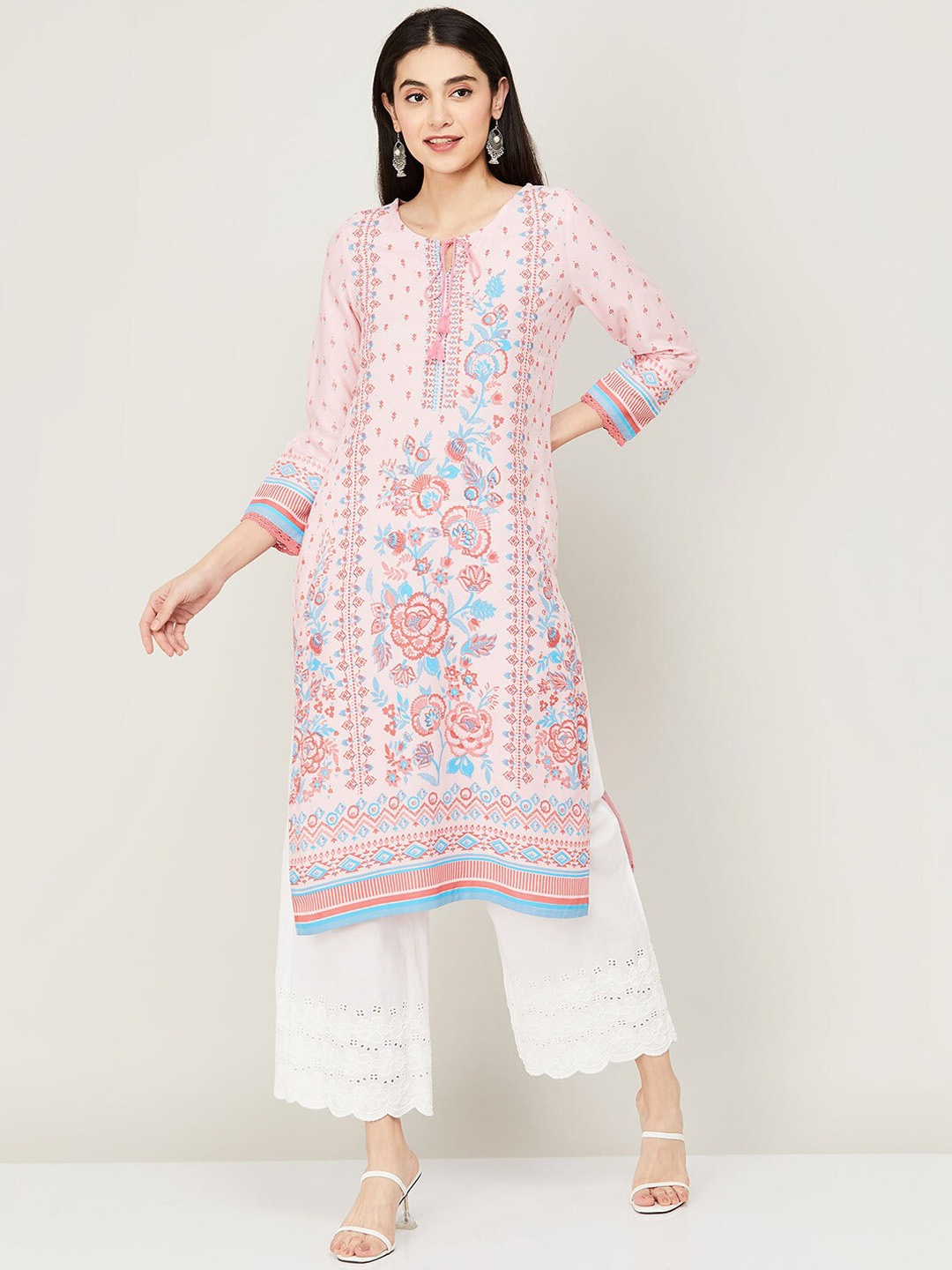 

Melange by Lifestyle Tie-Up Neck Ethnic Motifs Printed Regular Kurta, Pink