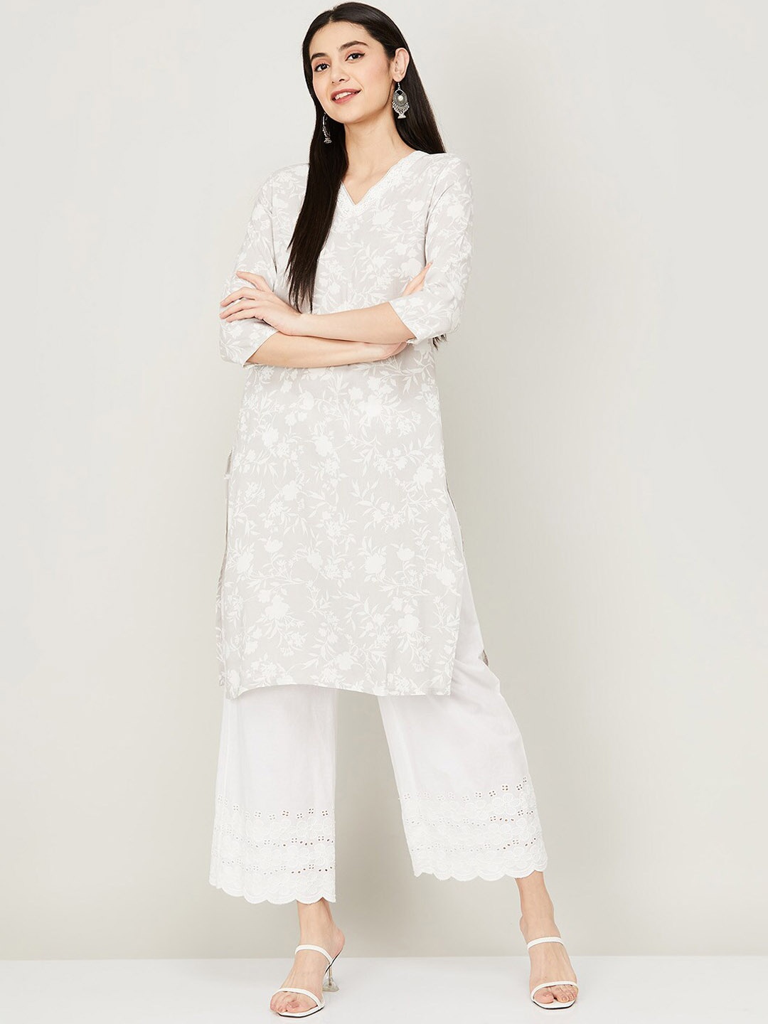 

Melange by Lifestyle Floral Printed Straight Kurta, Grey