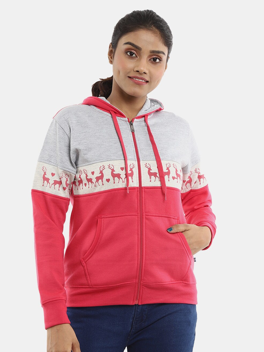 

V-Mart Women Pink Colourblocked Hooded Cotton Sweatshirt