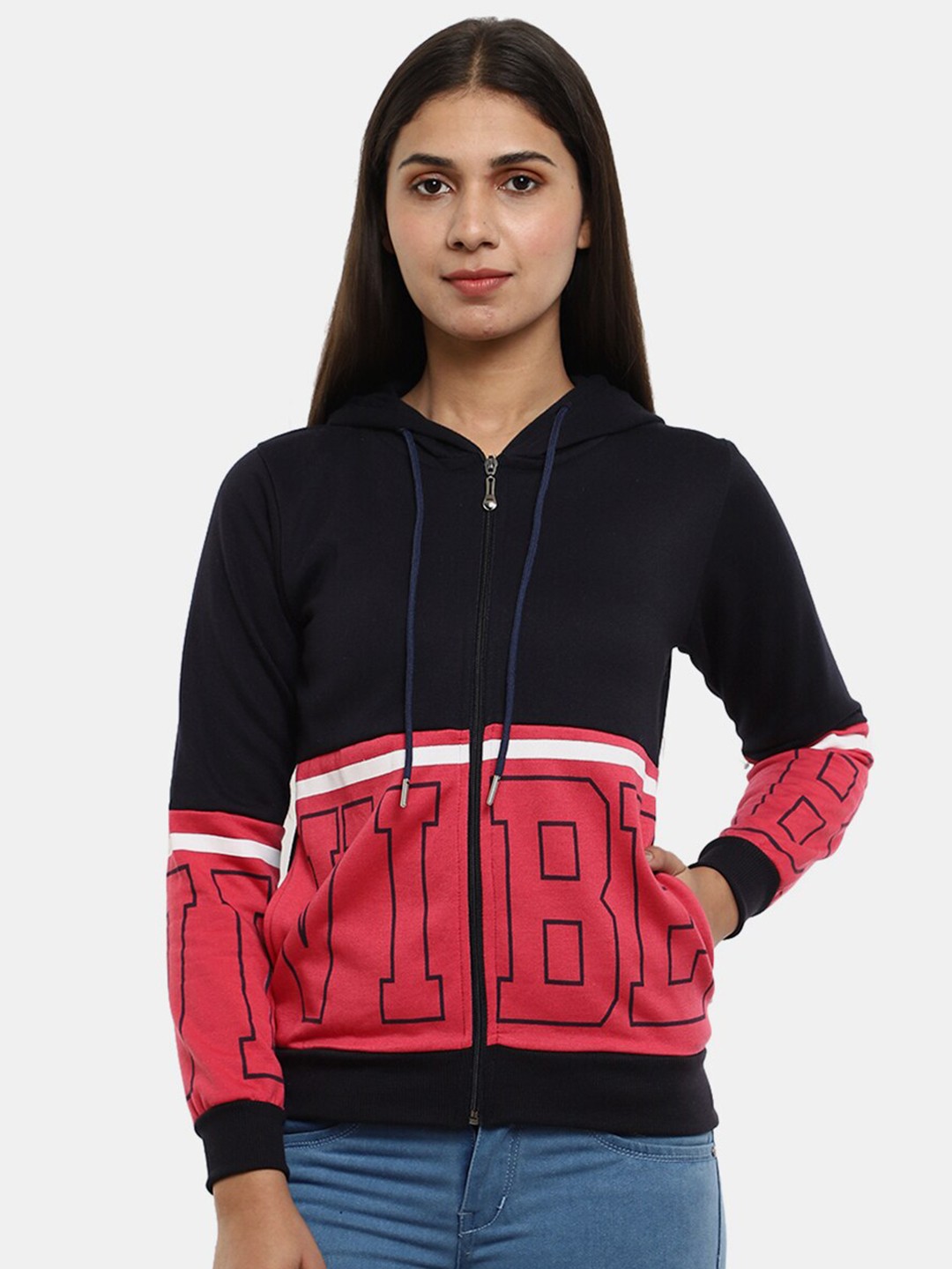 

V-Mart Women Navy Blue & Red Colourblocked Hooded Cotton Sweatshirt