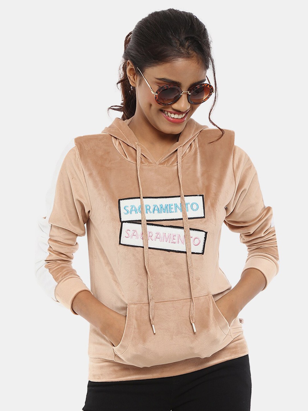 

V-Mart Women Beige Printed Hooded Cotton Sweatshirt