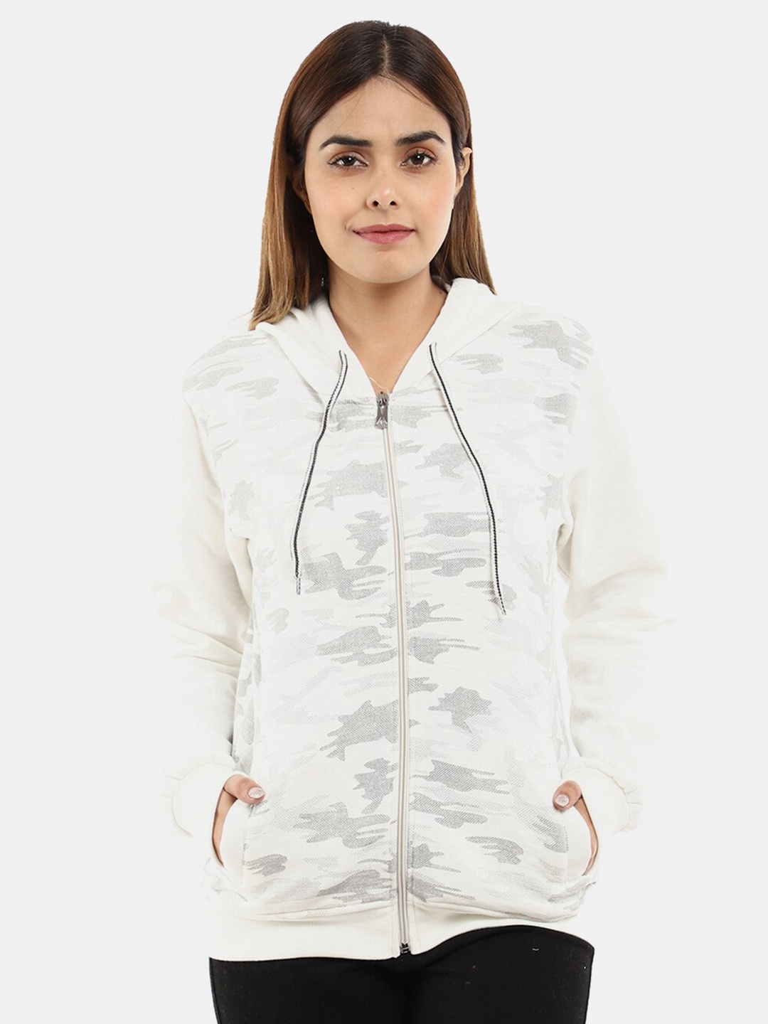 

V-Mart Women White Printed Hooded Cotton Sweatshirt