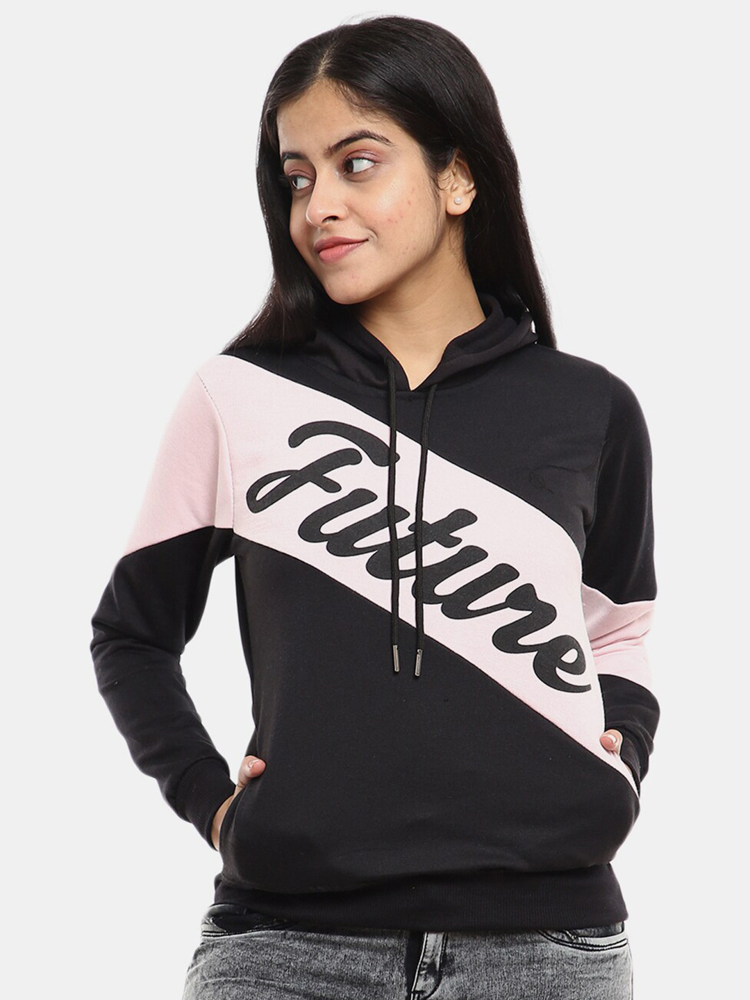 

V-Mart Women Black Printed Hooded Cotton Sweatshirt