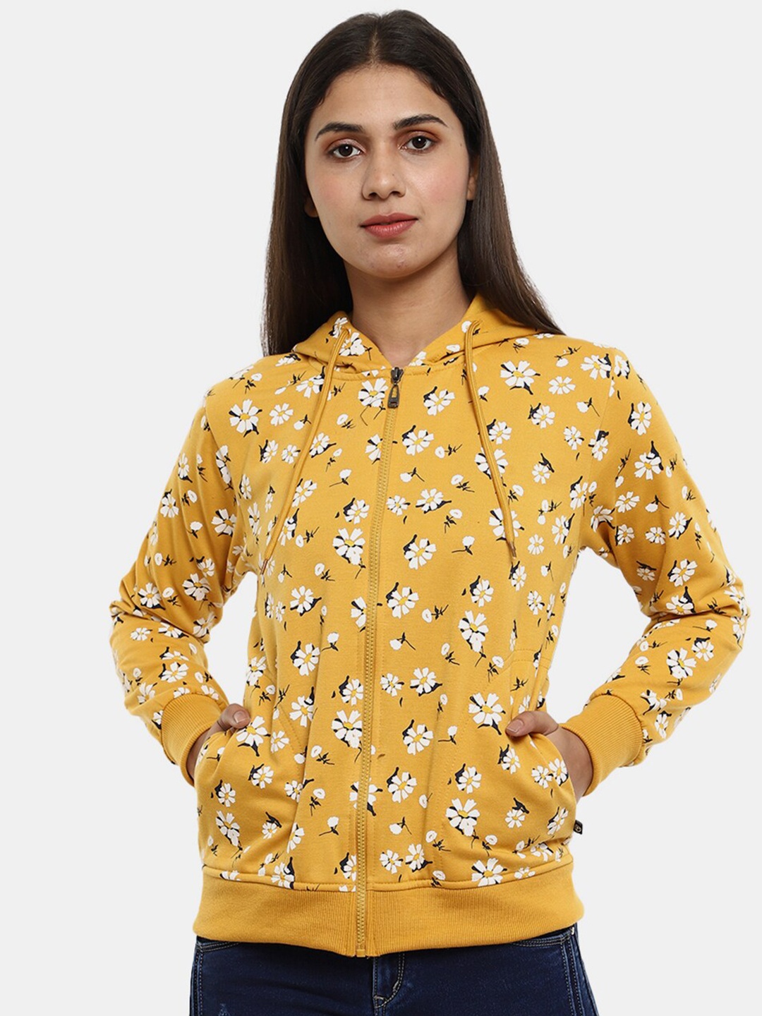 

V-Mart Women Mustard Printed Hooded Cotton Sweatshirt